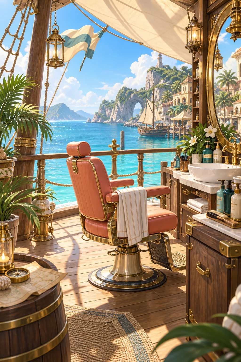 Fauteuil de salon avec vue sur un port ensoleillé
